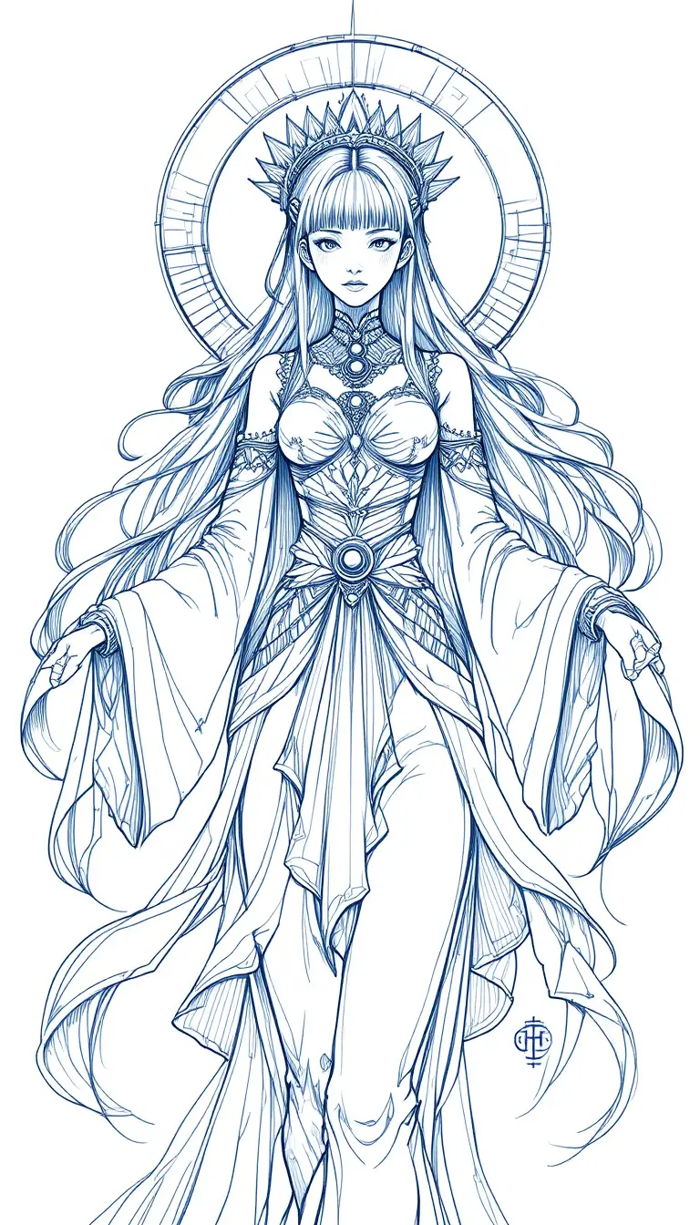 Mystical anime goddess line art with flowing ribbons and halo