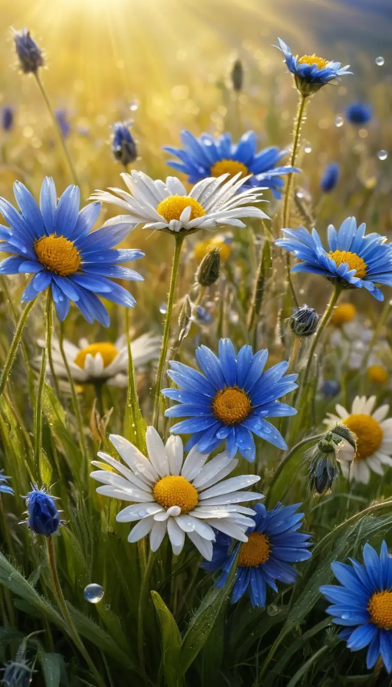 Colorful wildflowers sparkling with dew in bright sunlight