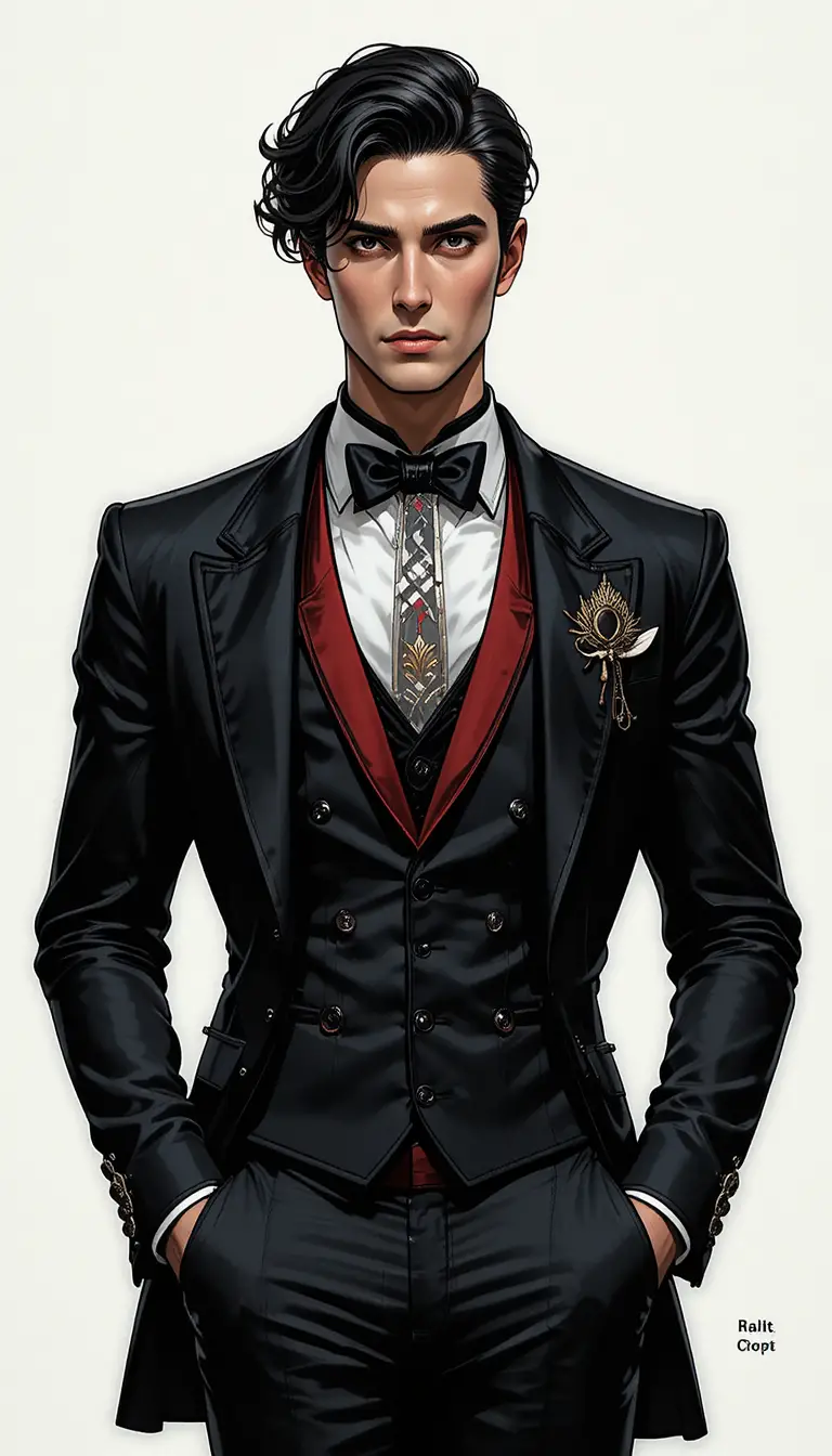 Handsome dark haired man in black suit and red shirt