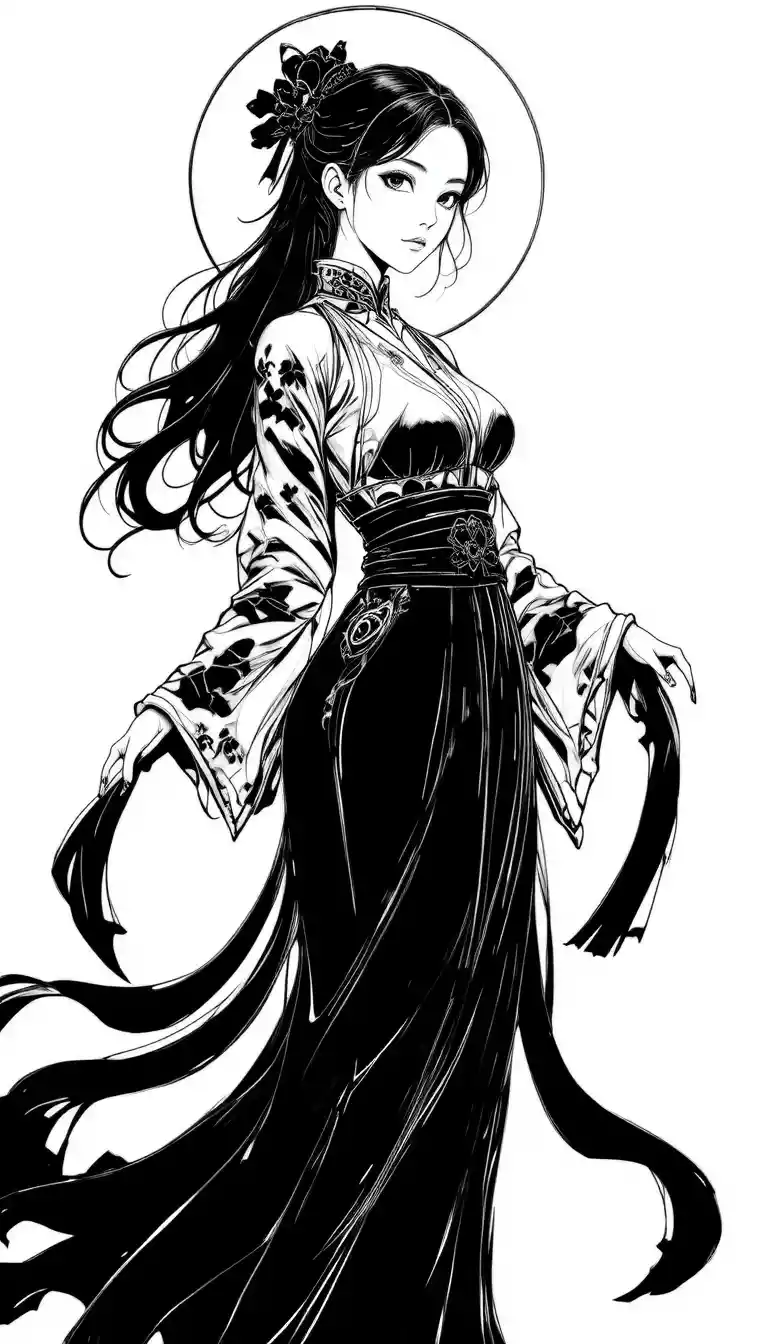 Serene anime girl in flowing traditional robes with halo