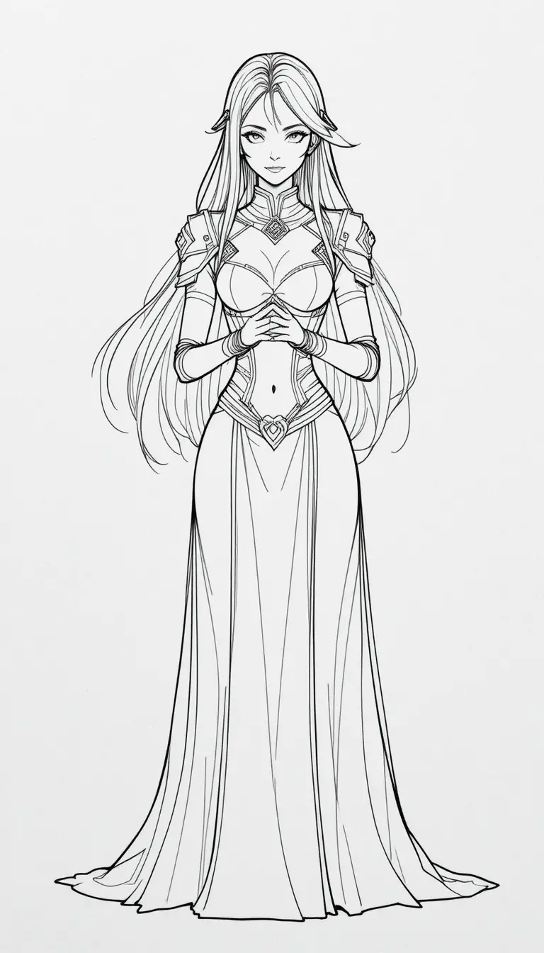 Fantasy line art woman with armor and flowing hair