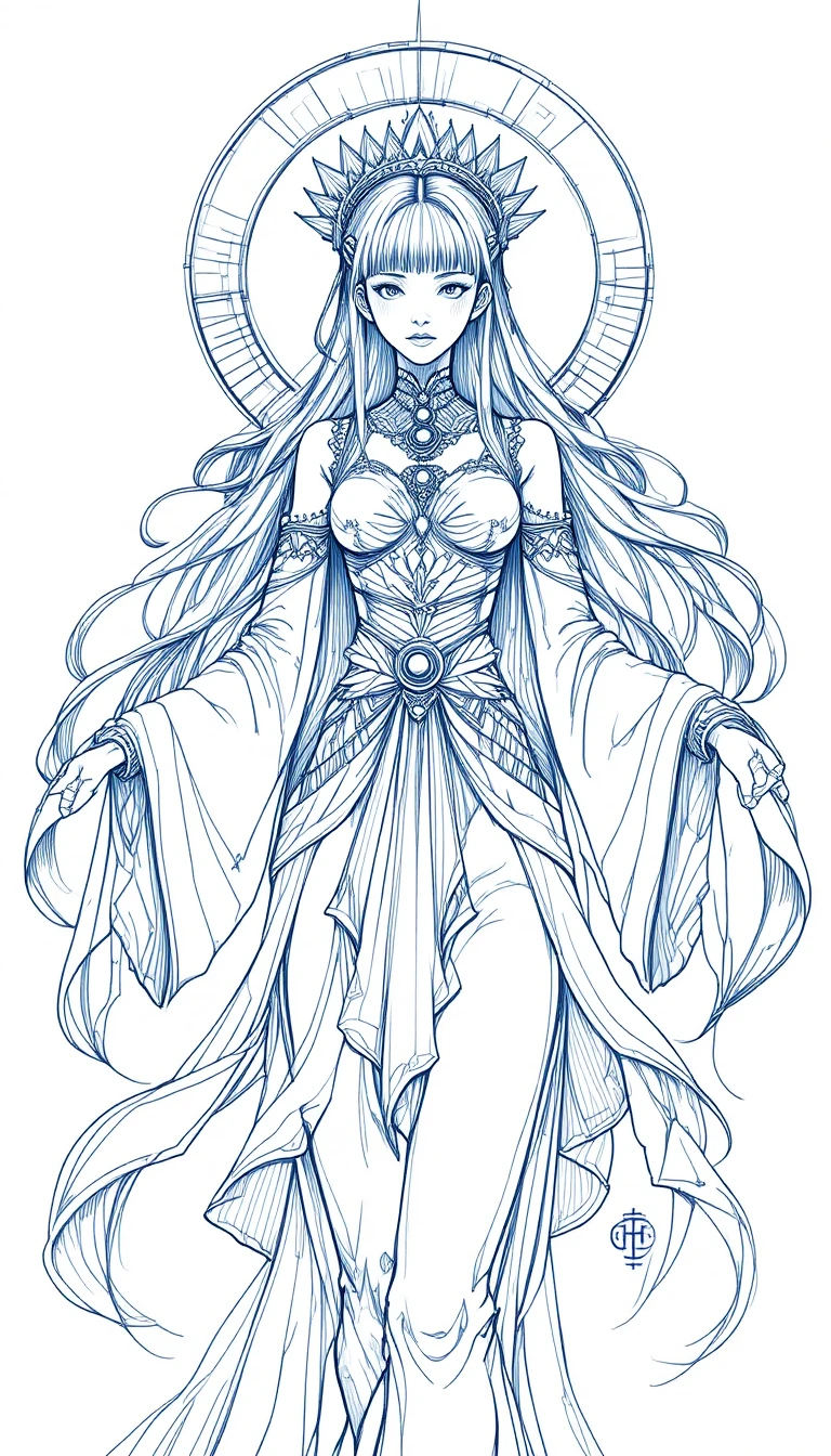Mystical anime goddess line art with flowing ribbons and halo