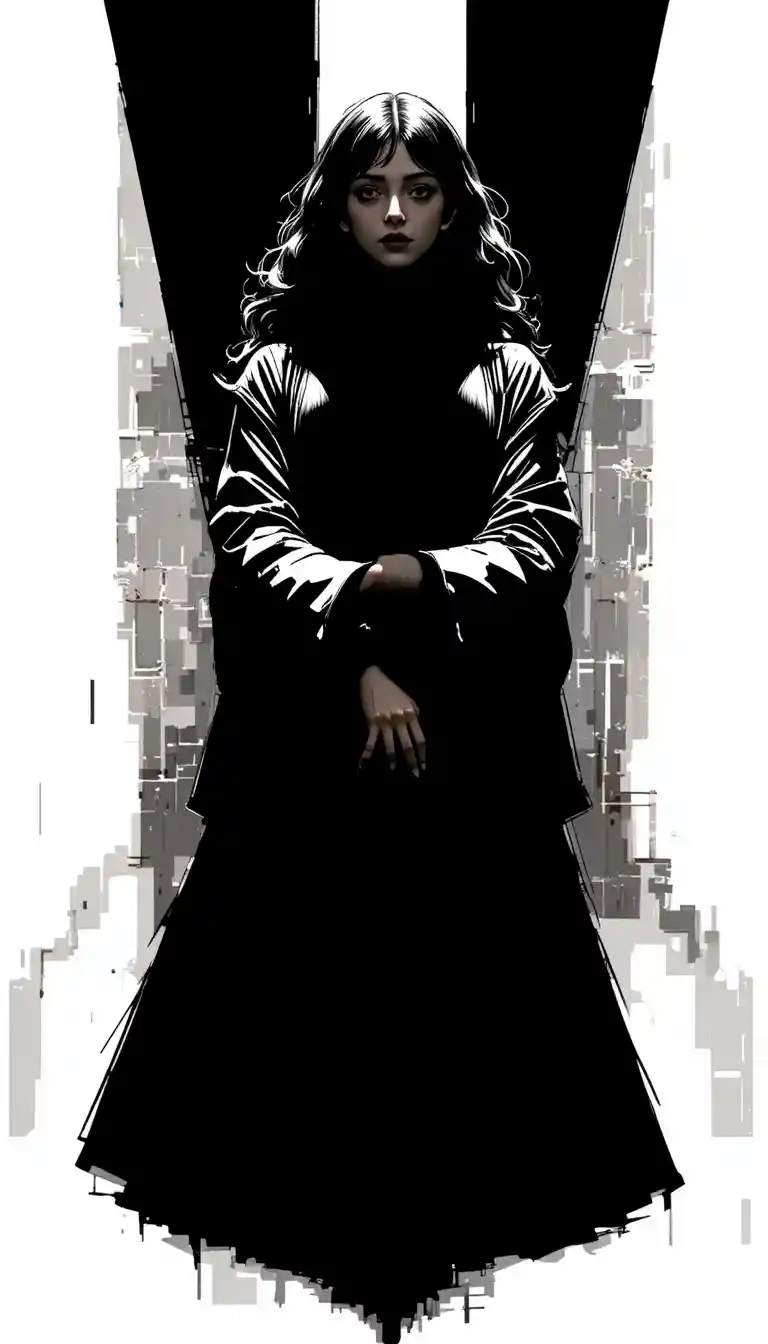Manga woman in layered dress with crossed arms silhouette