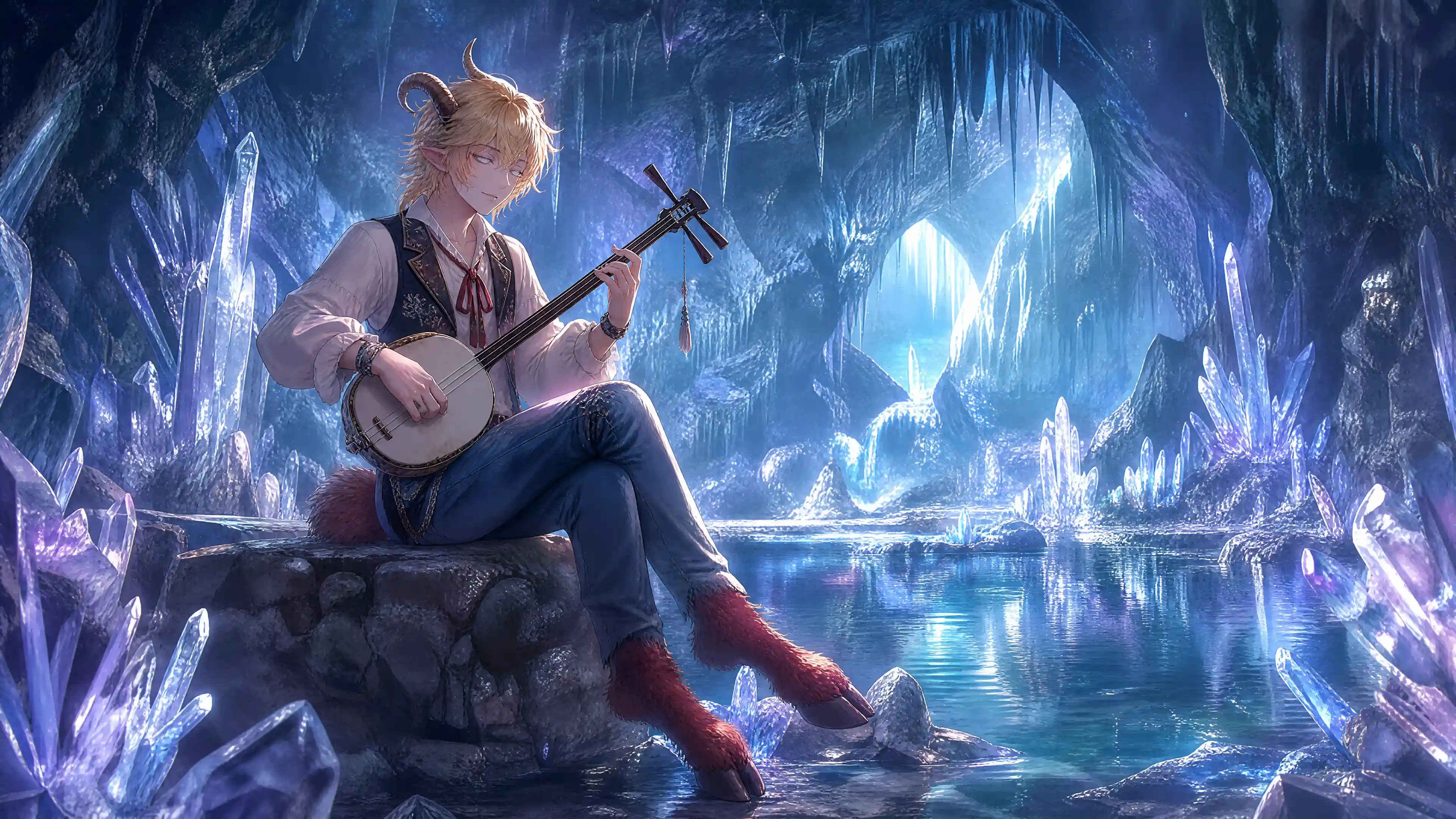 Musicista satiro che suona il banjo in una luminosa caverna di cristallo