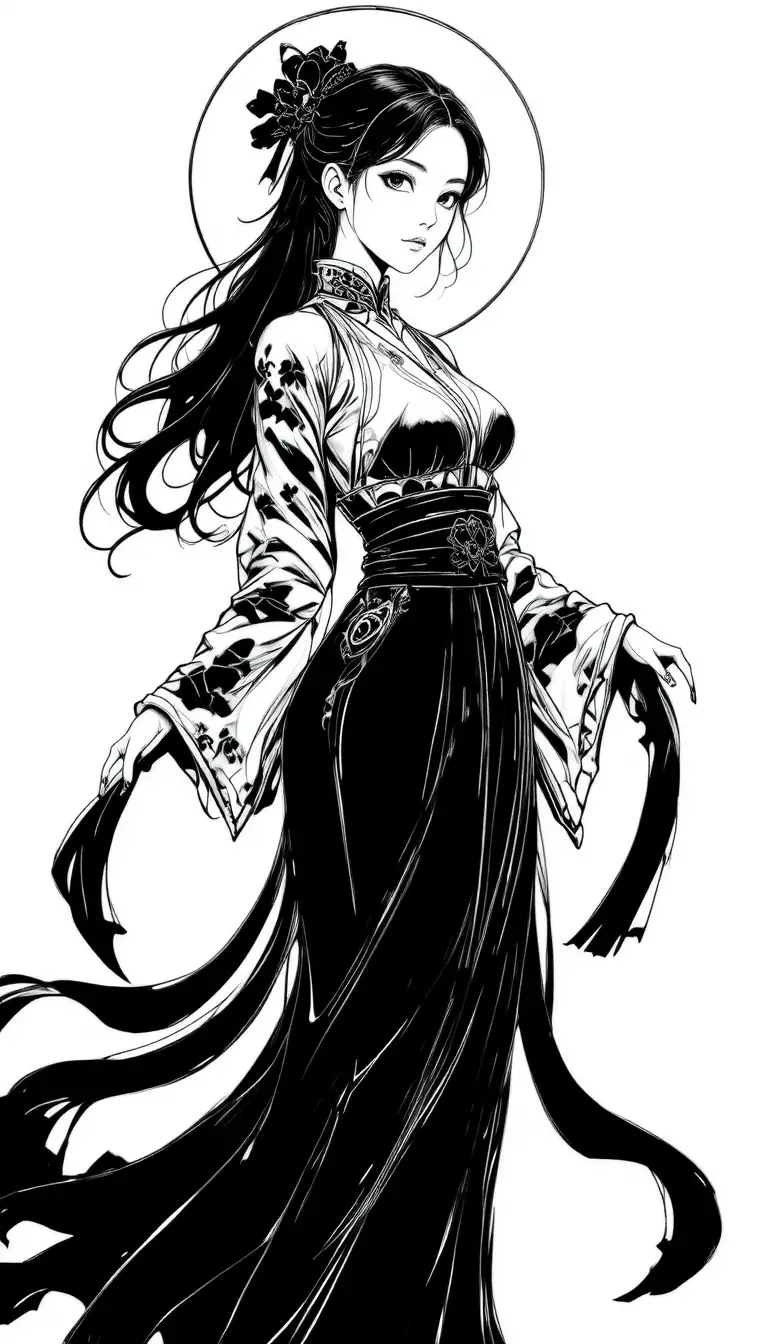 Serene anime girl in flowing traditional robes with halo