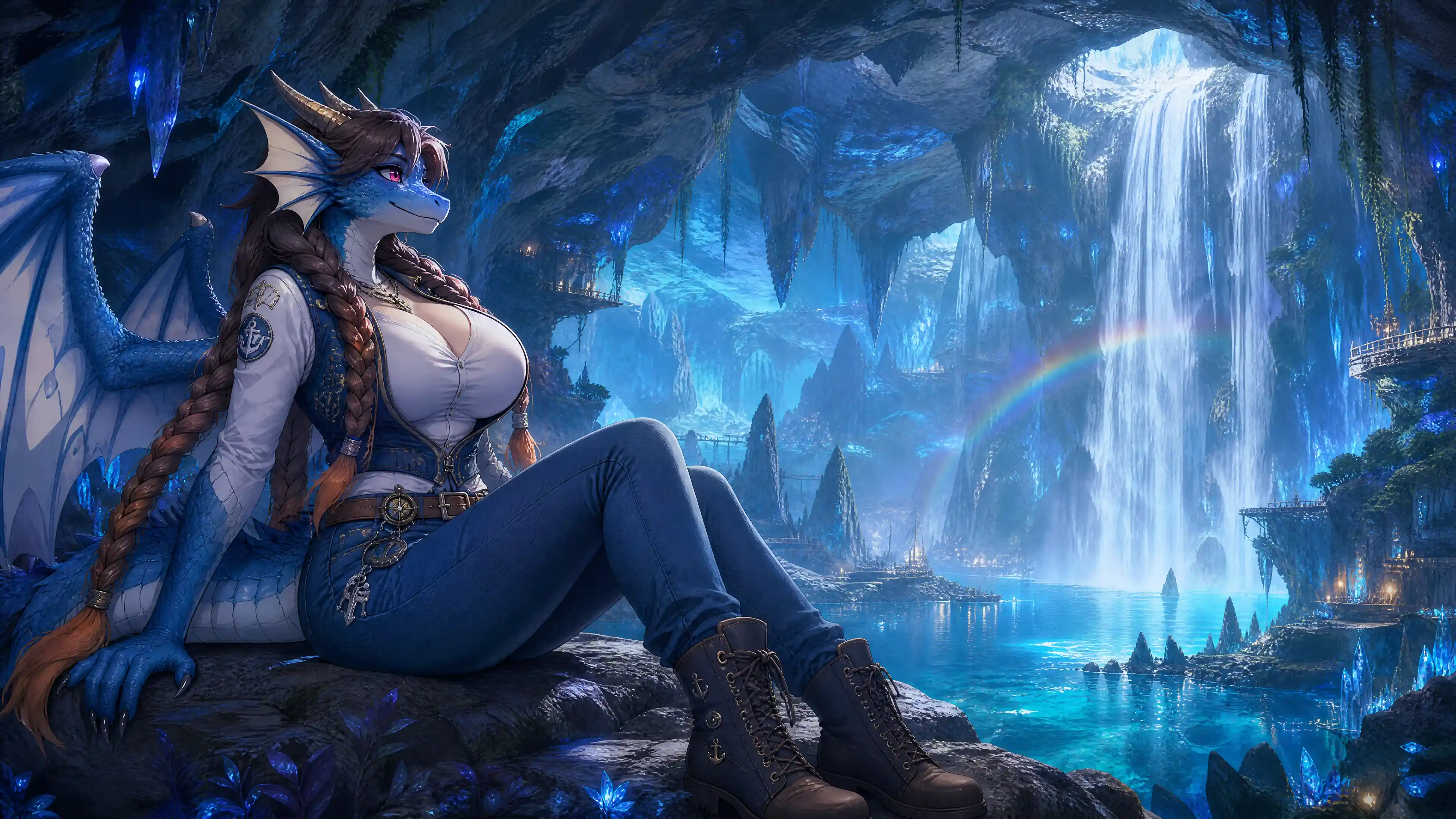 Anthro-Drachenfrau beobachtet Wasserfall in Kristallhöhle