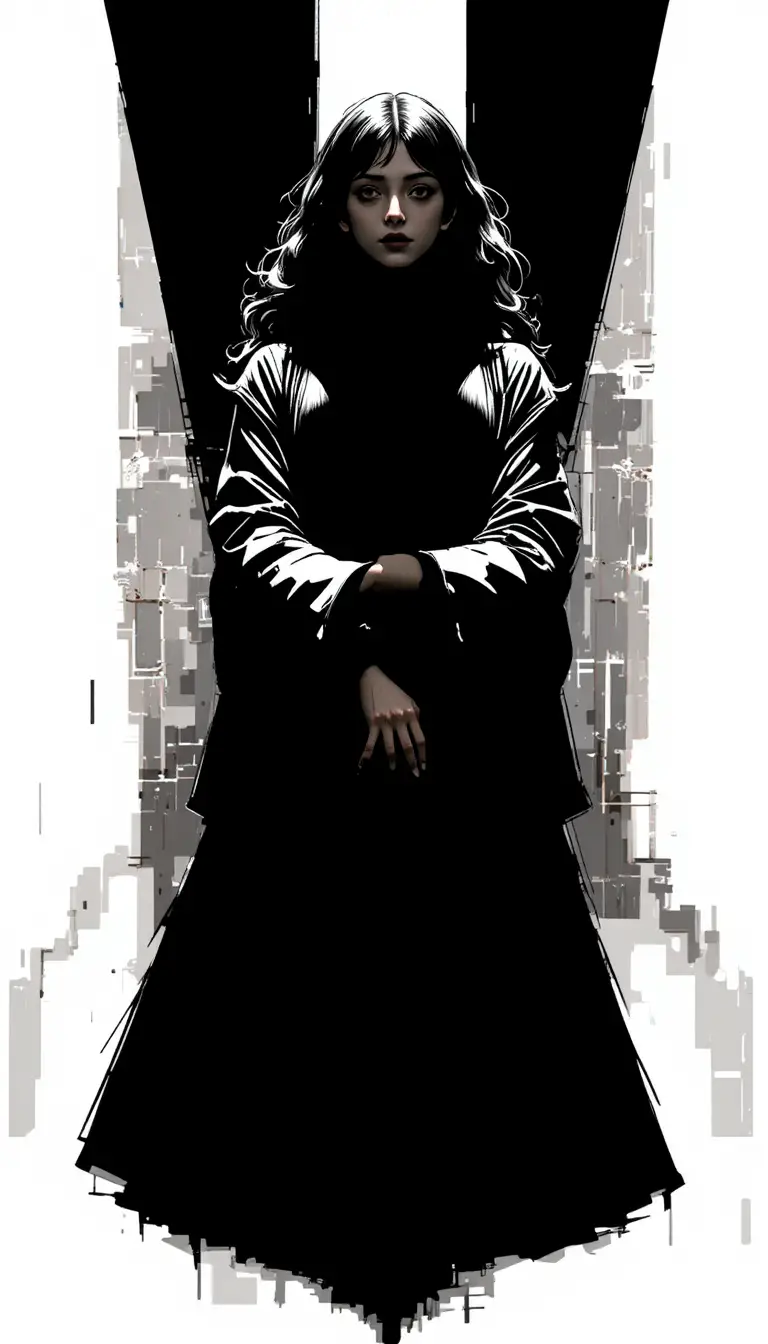 Manga woman in layered dress with crossed arms silhouette