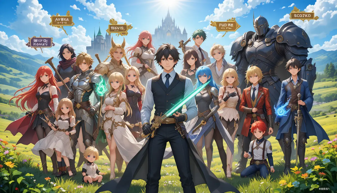 Compagnia di eroi anime in un luminoso paesaggio fantasy