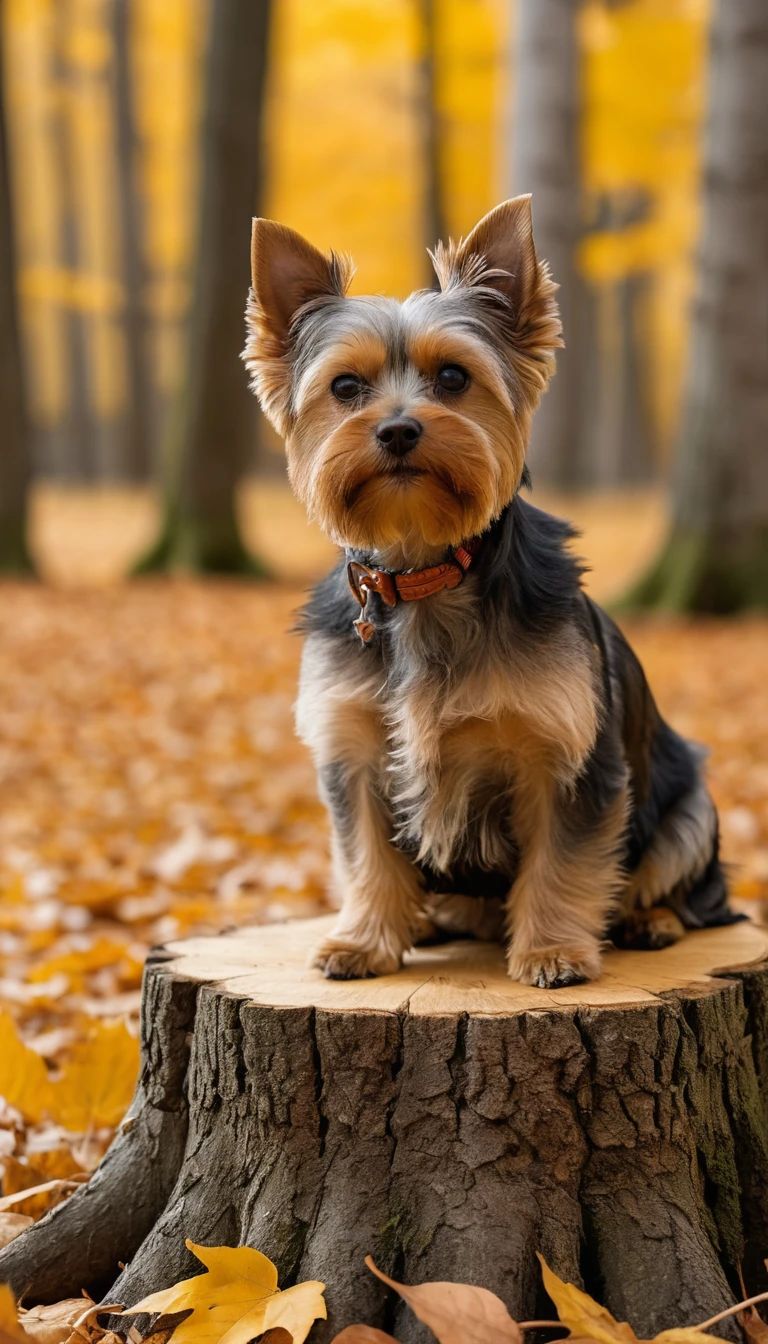 Yorkshire terrier con hojas de otoño sobre un tronco en el bosque