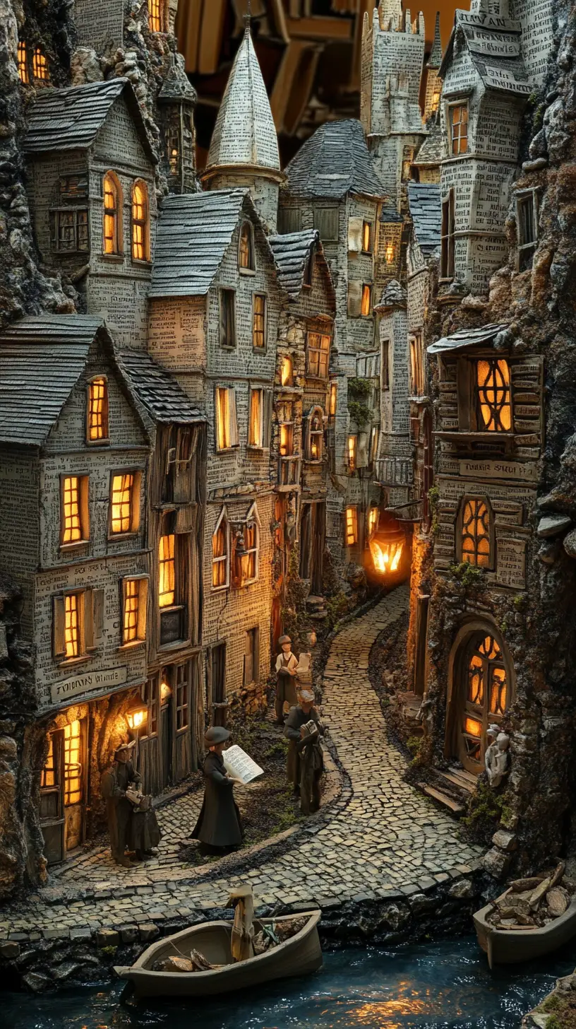 Miniature village diorama nestled inside towering old books