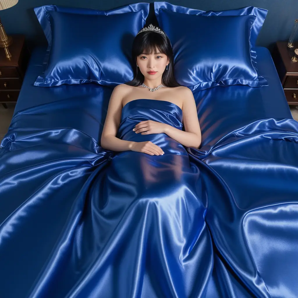 Elegant japanese woman resting on blue satin bed
