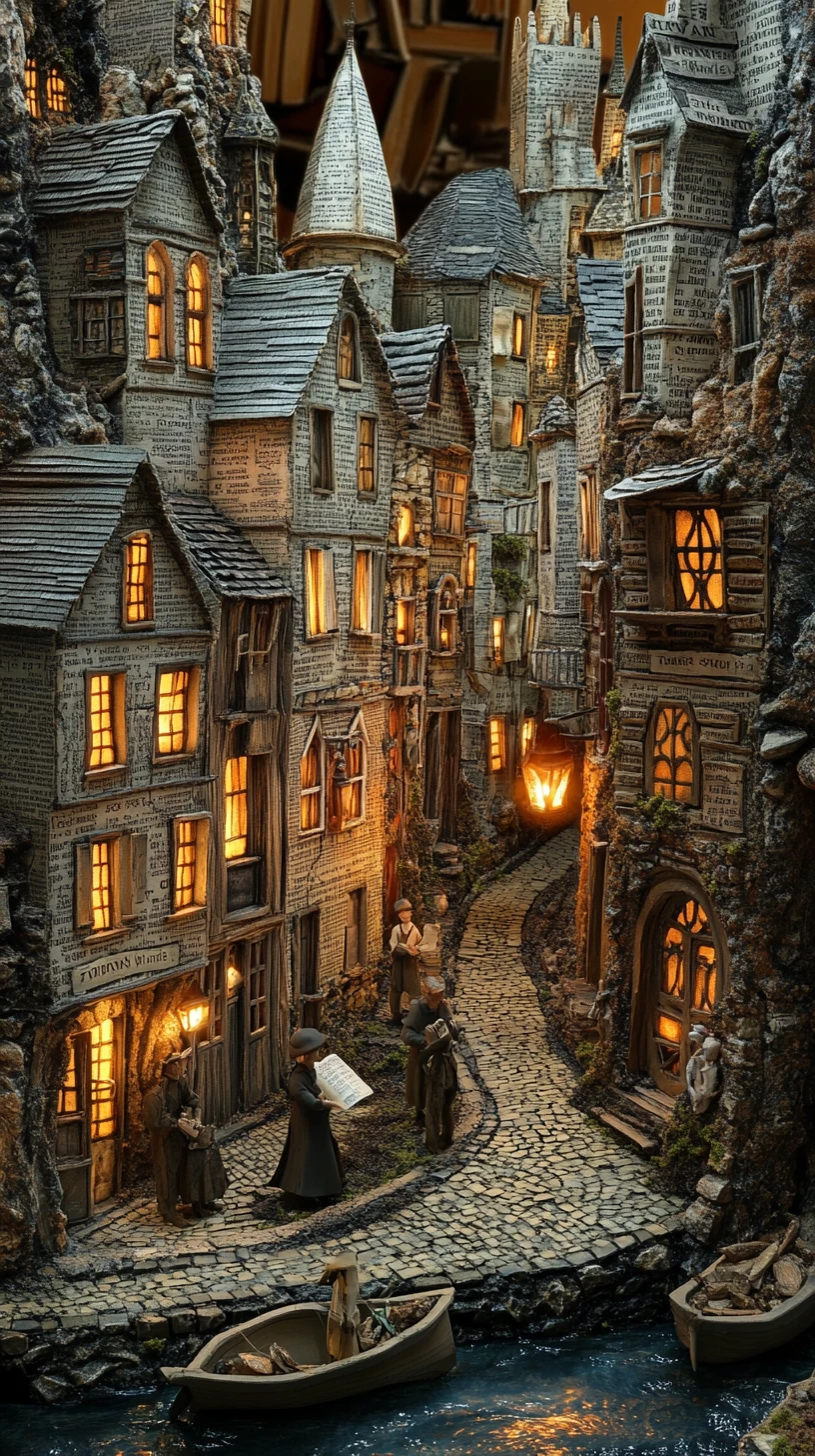 Miniature village diorama nestled inside towering old books