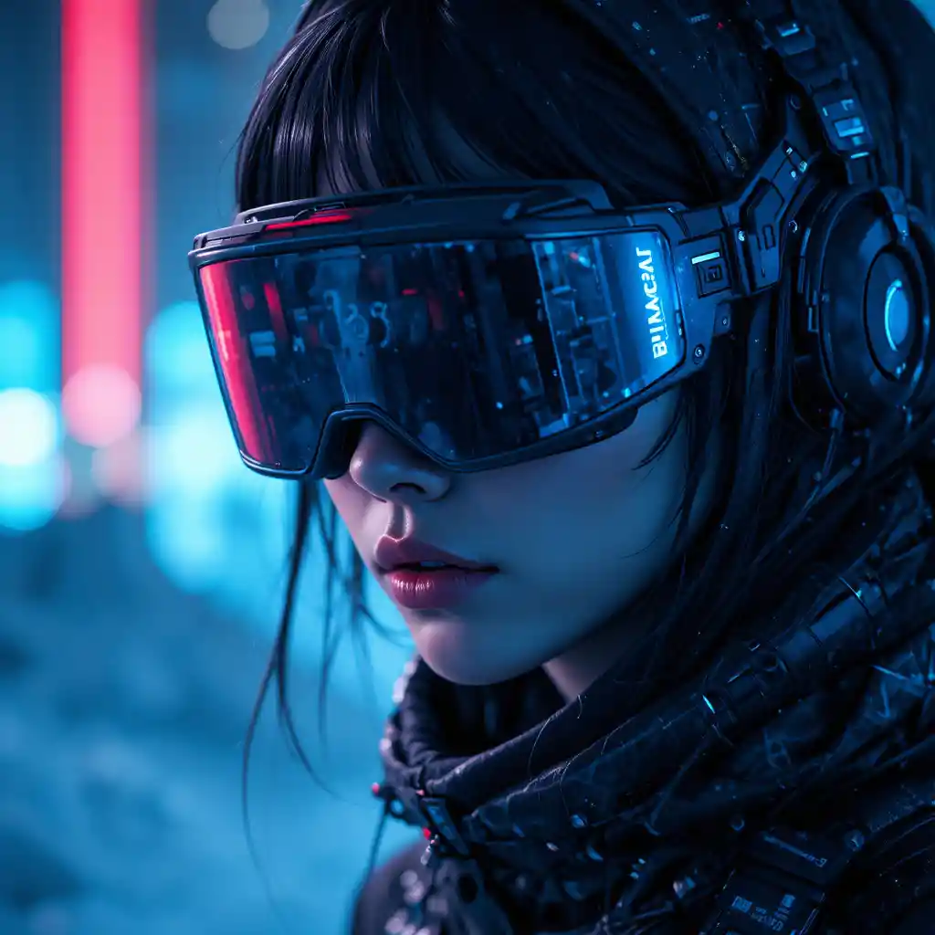 Cyberpunk-Frauenporträt mit holografischem Visier und Neonlicht
