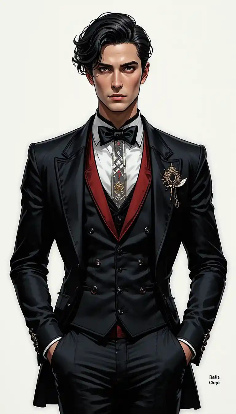 Handsome dark haired man in black suit and red shirt