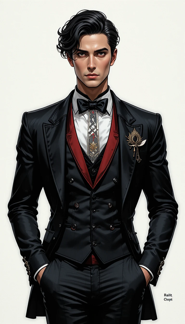 Handsome dark haired man in black suit and red shirt