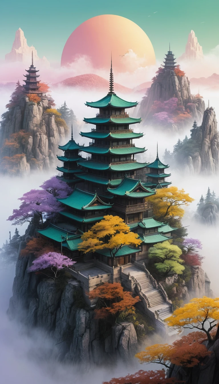 Surreal sunrise pagoda city on misty mountain cliffs