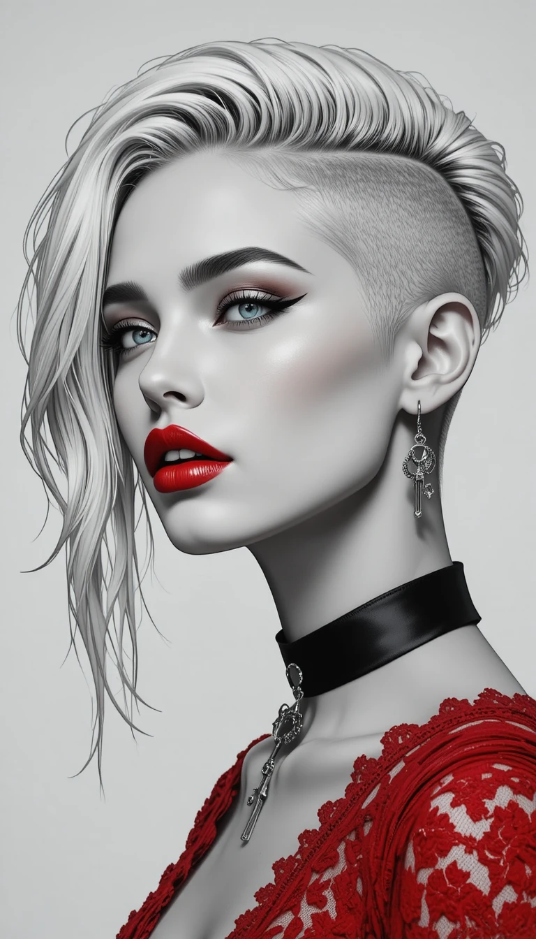 Edgy Modefrau mit platinblonden Haaren und gewagtem Make-up