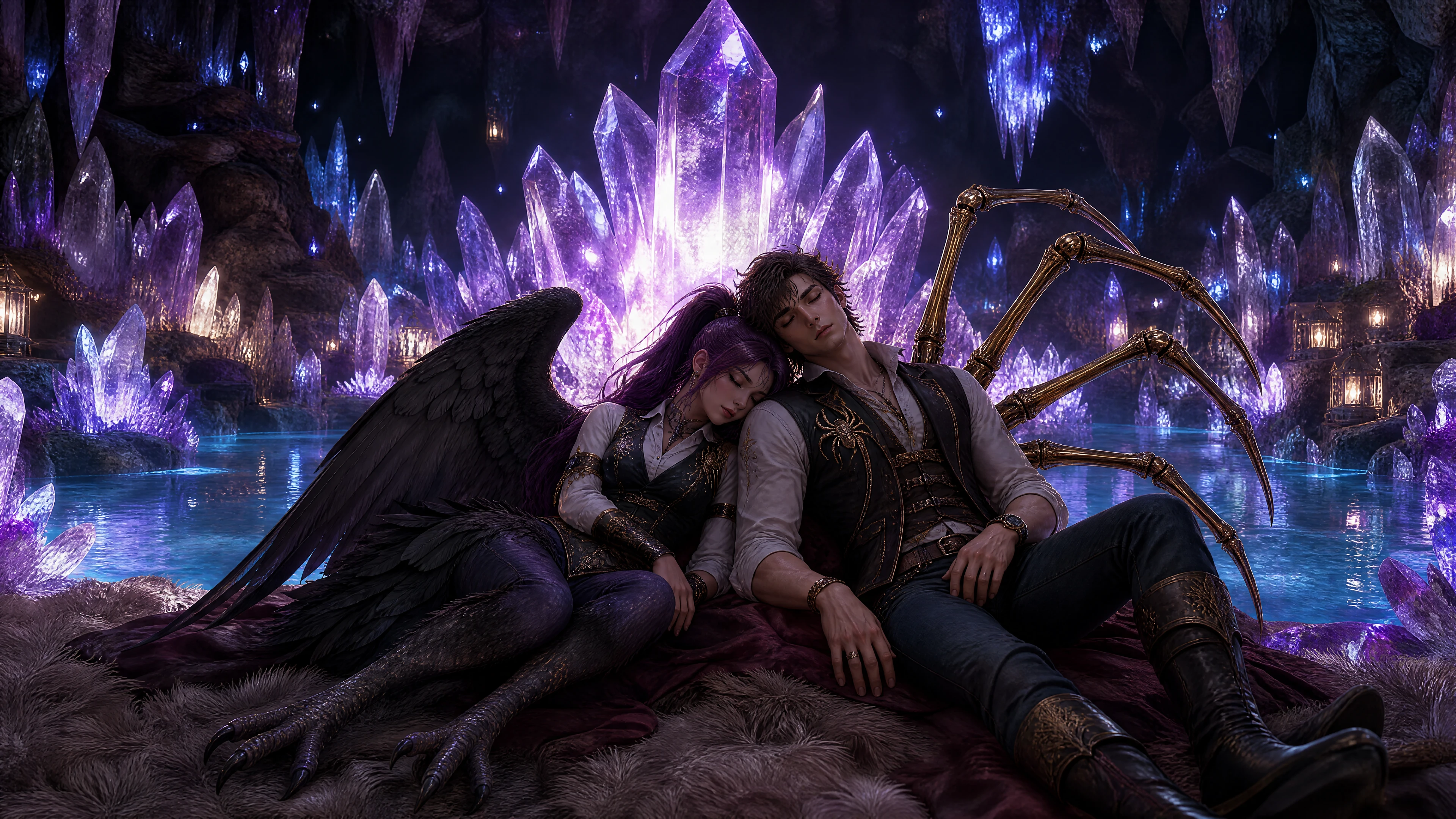 Sleeping couple in a glowing crystal cavern pool