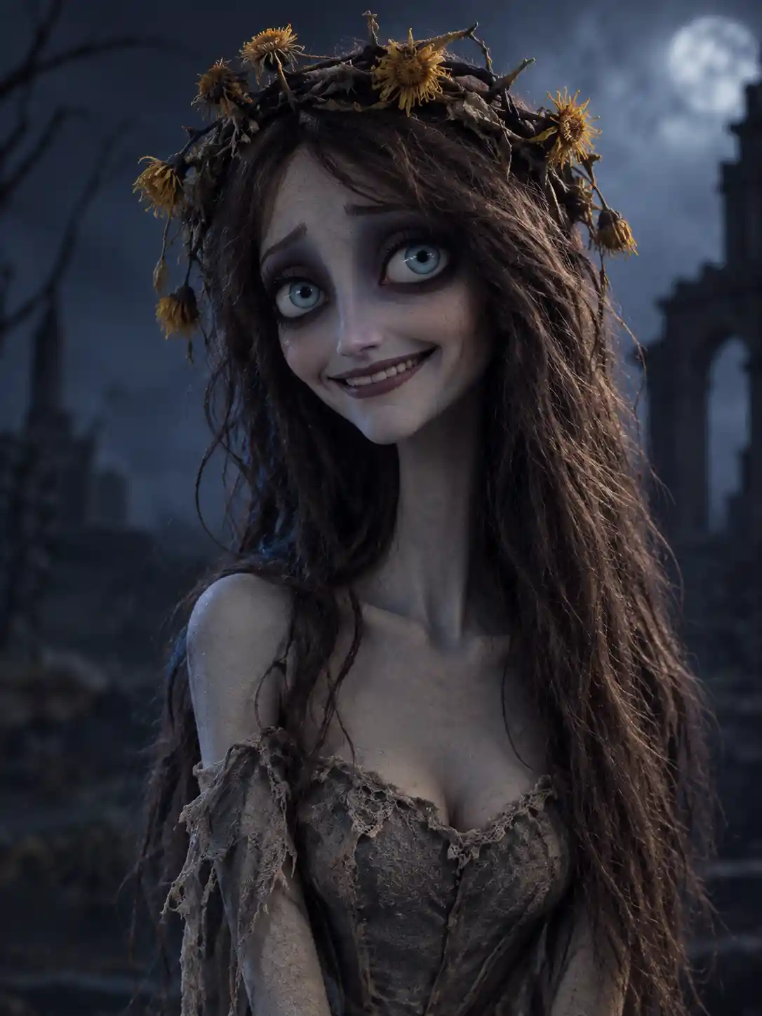 Sad pale woman puppet with gothic dandelion crown