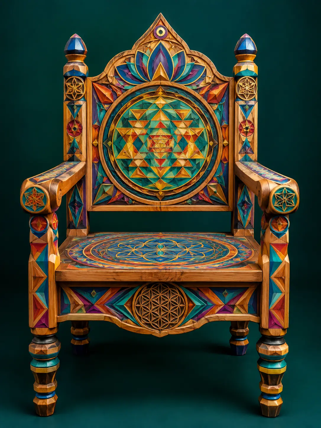 Colorful ornate wooden chair with geometric carved patterns