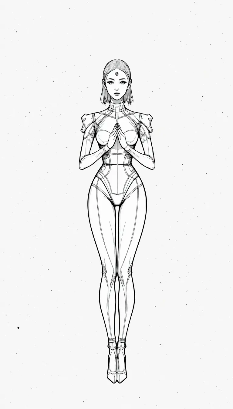 Futuristic fashion figure with third eye in minimalist line art