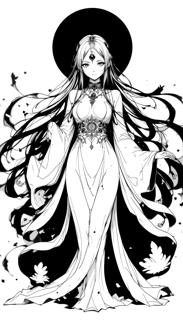 Ethereal anime woman in flowing ink robes with halo