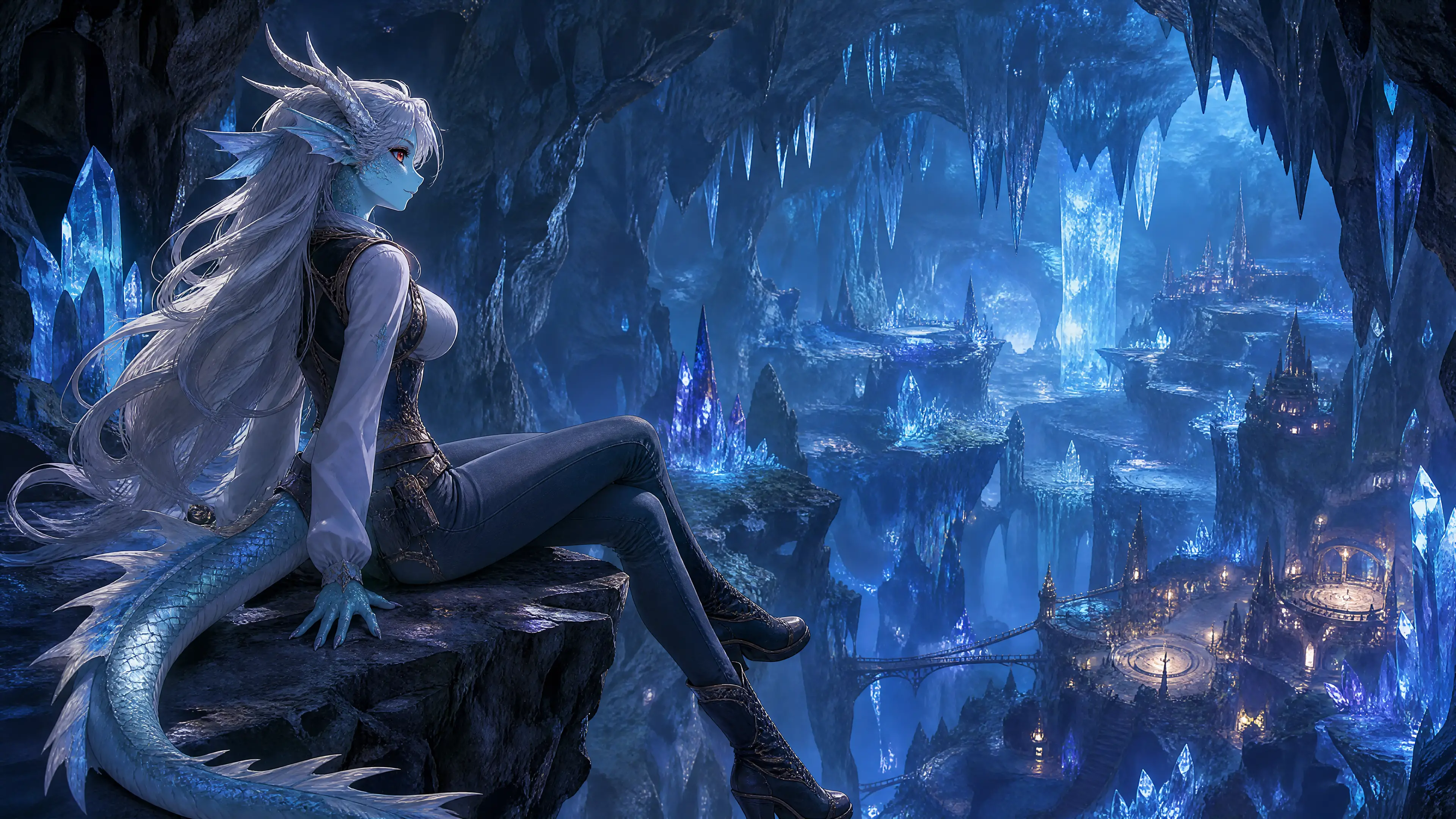 Donna kirin fantasy seduta sul bordo di una grotta di cristallo