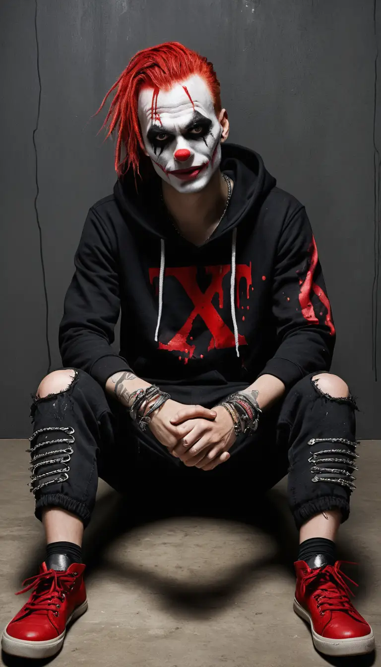 Punk man in clown makeup sitting in dramatic studio