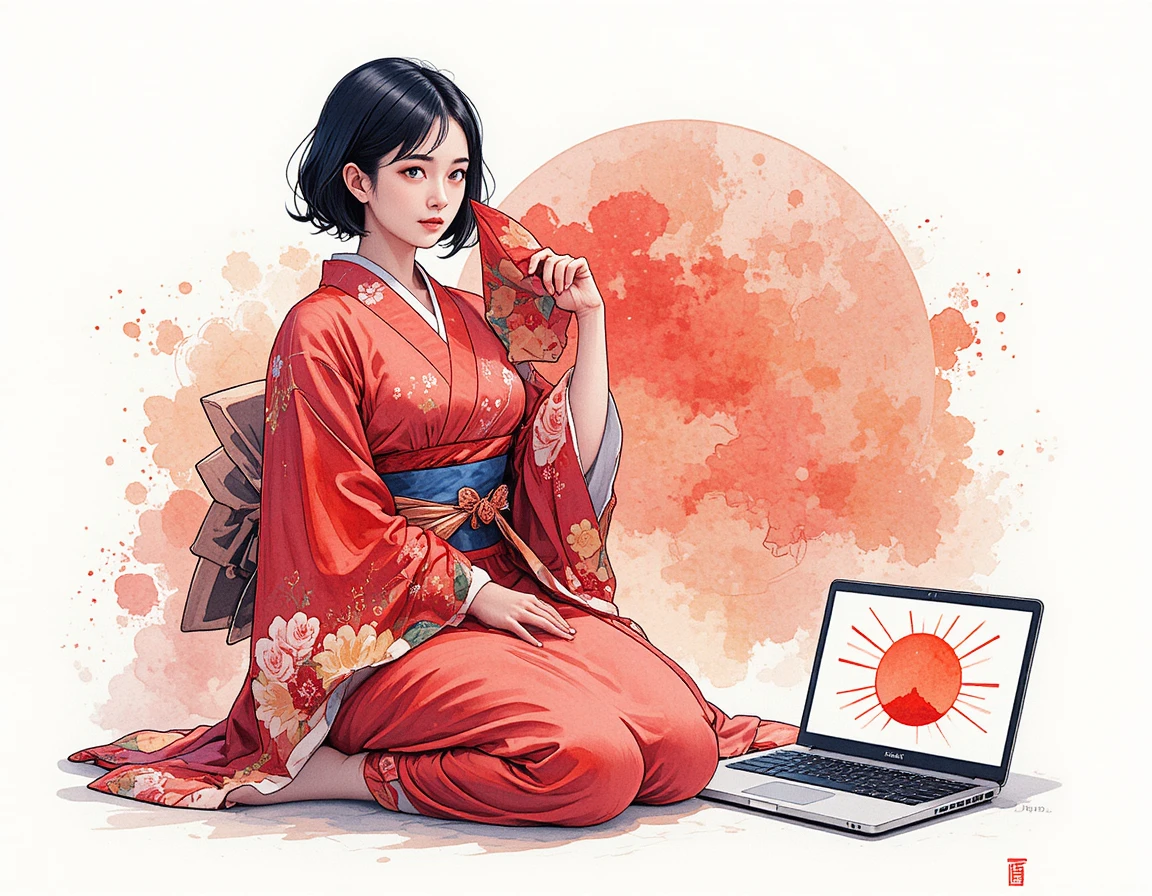 부채와 노트북을 든 붉은 기모노의 애니메이션 소녀