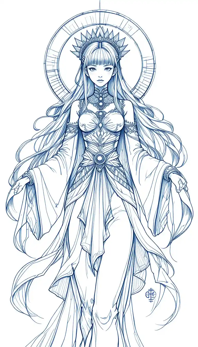 Mystical anime goddess line art with flowing ribbons and halo