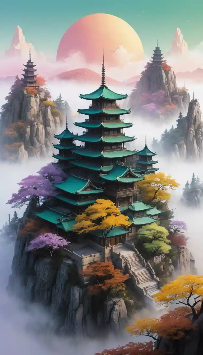 Surreal sunrise pagoda city on misty mountain cliffs