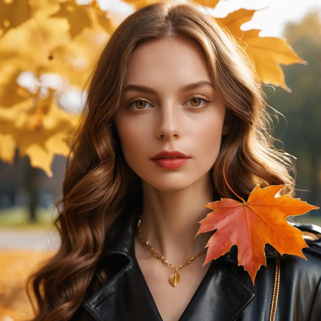 Woman blowing a kiss with maple leaf in autumn park