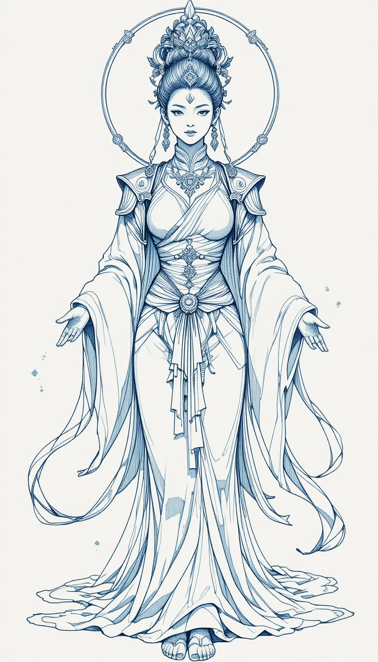 Divine anime woman in celestial robes with ink linework