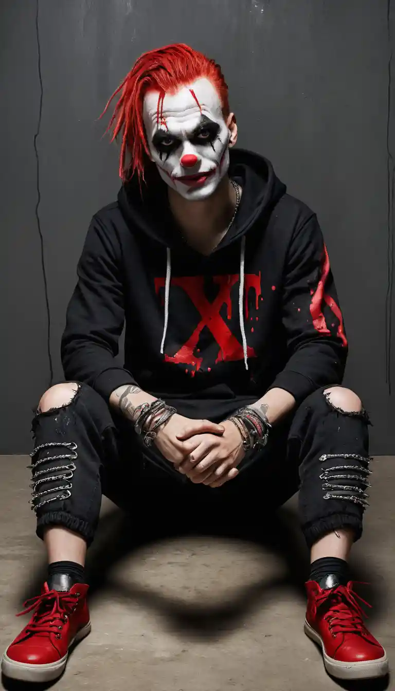 Punk man in clown makeup sitting in dramatic studio