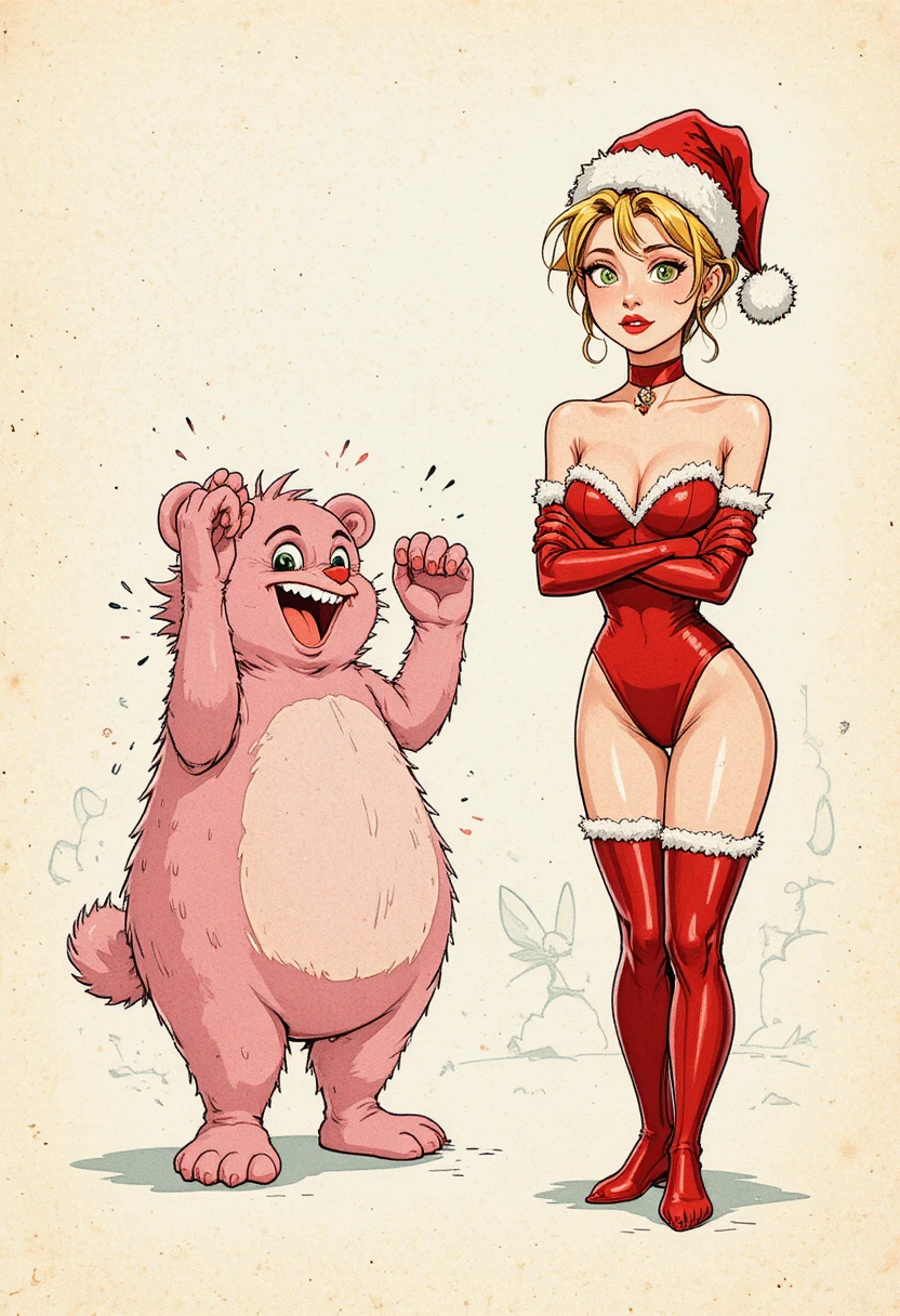 Playful Santa Costume Woman With Pink Cartoon Bear
