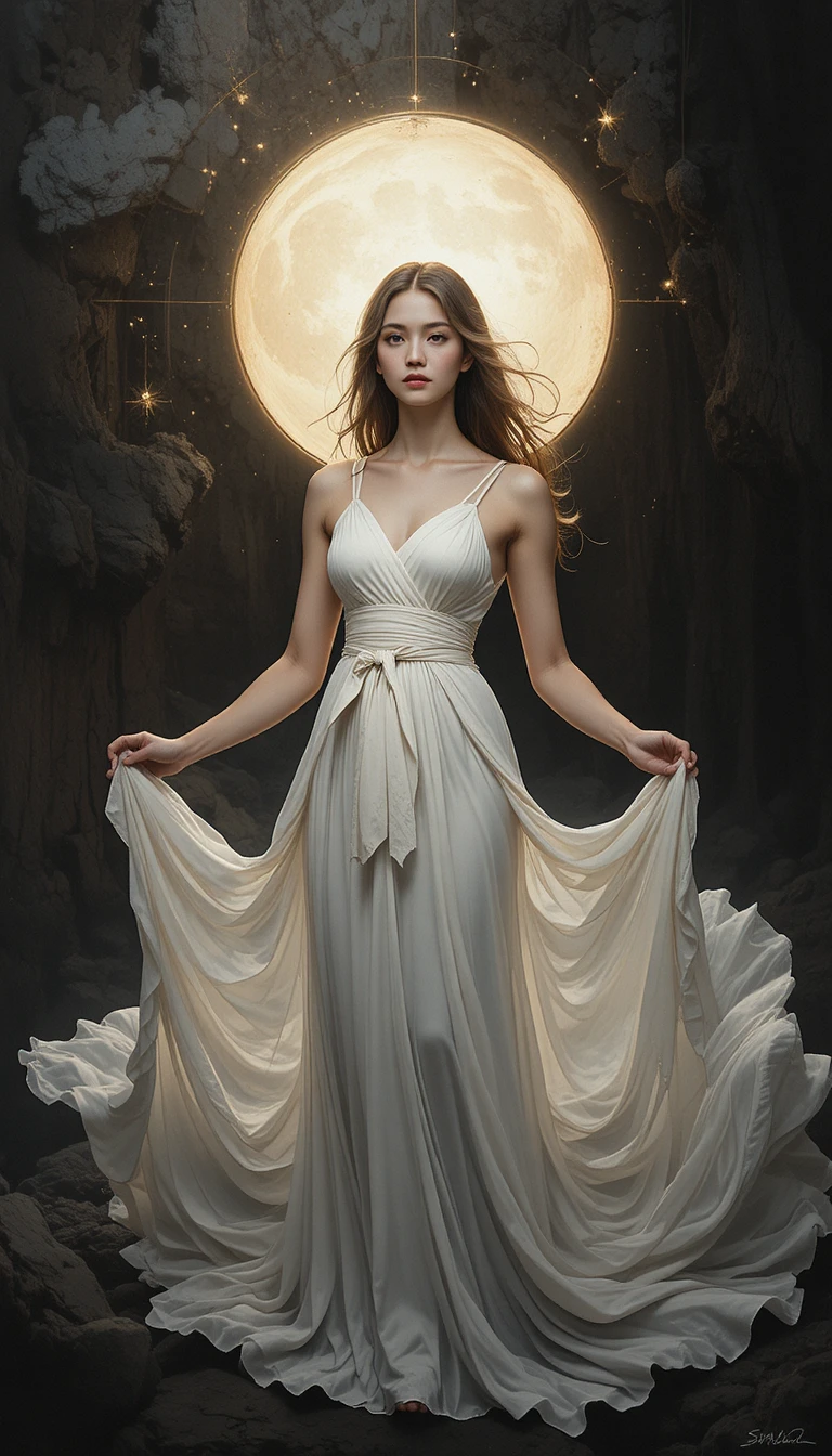 Celestial woman in white gown before radiant sun backdrop