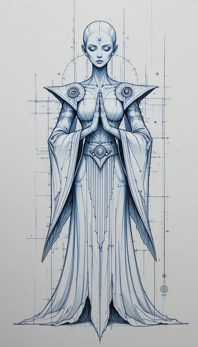 Mystical humanoid spirit in robes with clasped hands