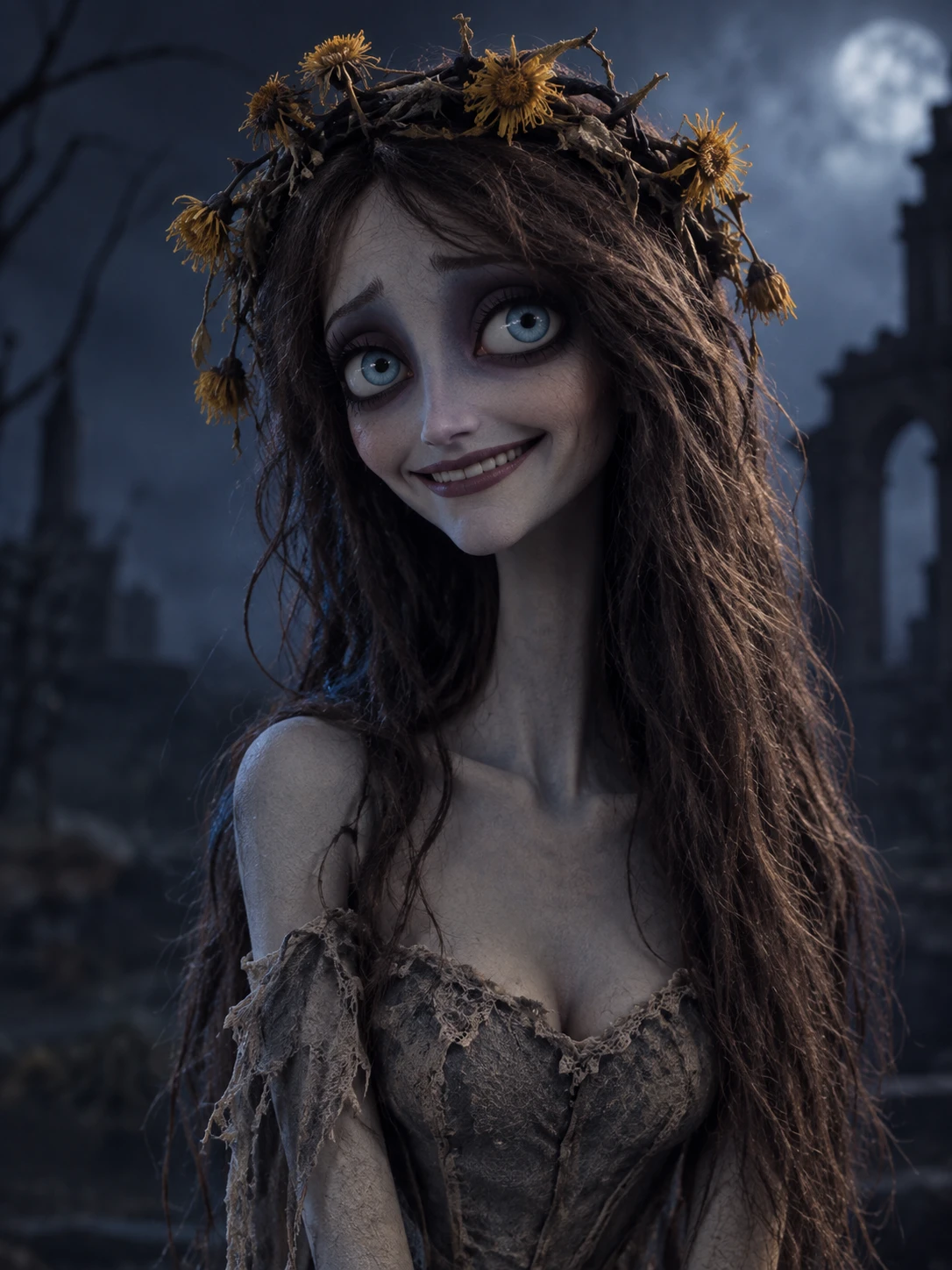 Sad pale woman puppet with gothic dandelion crown