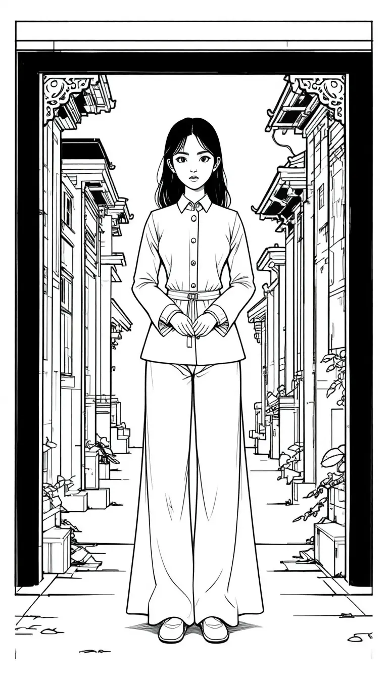 Stylized woman in traditional outfit line art illustration