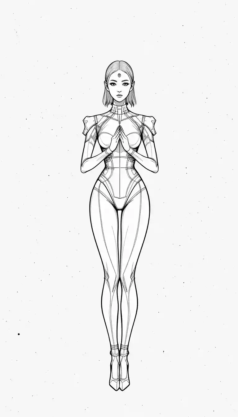 Futuristic fashion figure with third eye in minimalist line art