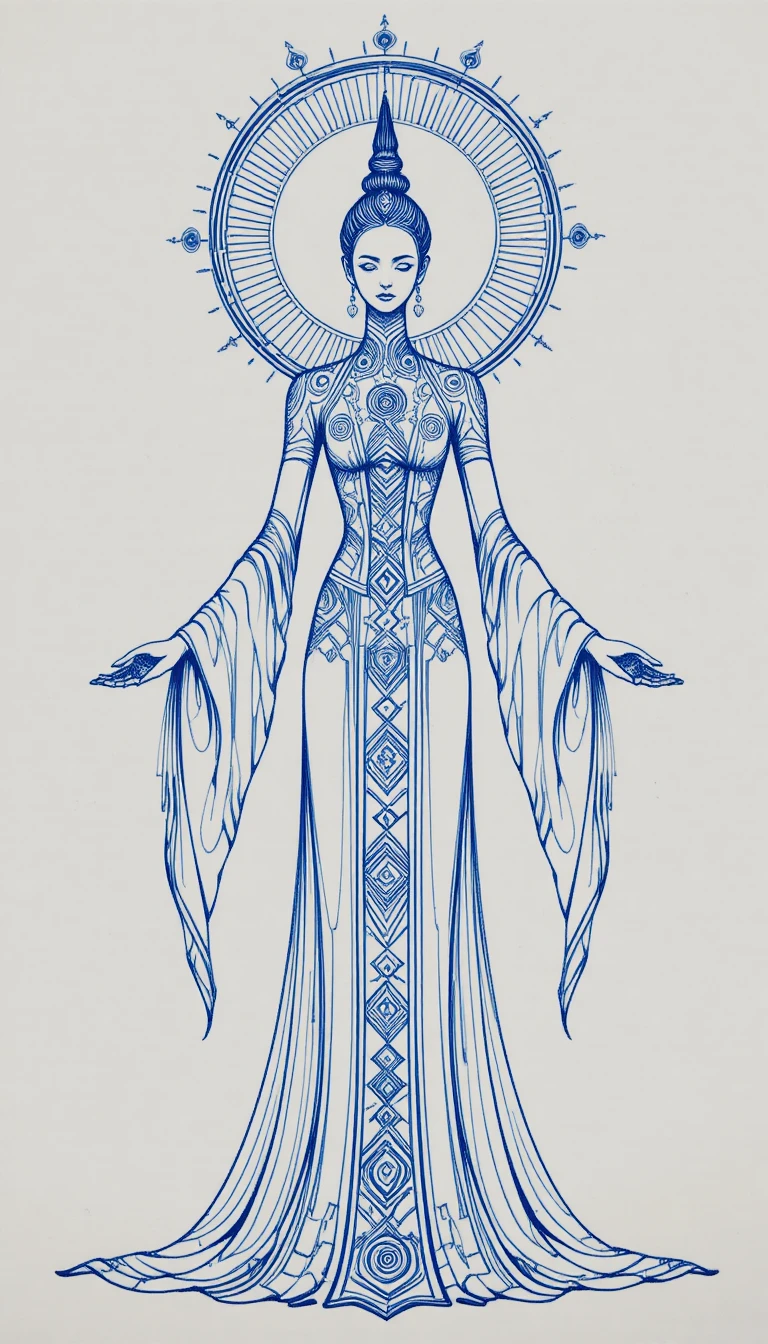 Celestial robed figure with halo in symmetrical line art