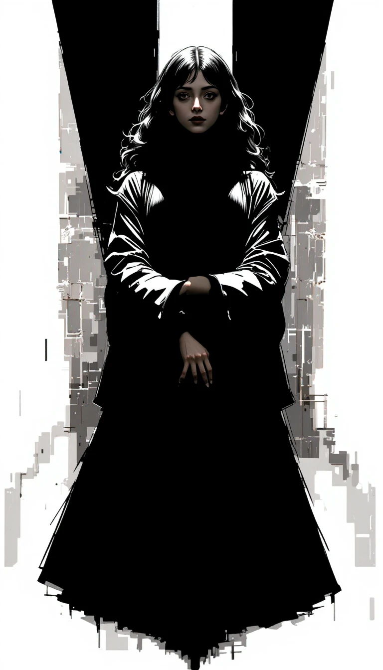 Manga woman in layered dress with crossed arms silhouette