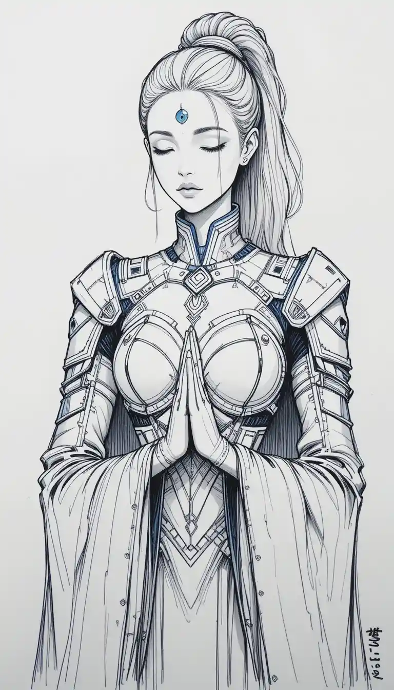 Mystical armored woman praying in stylized line art