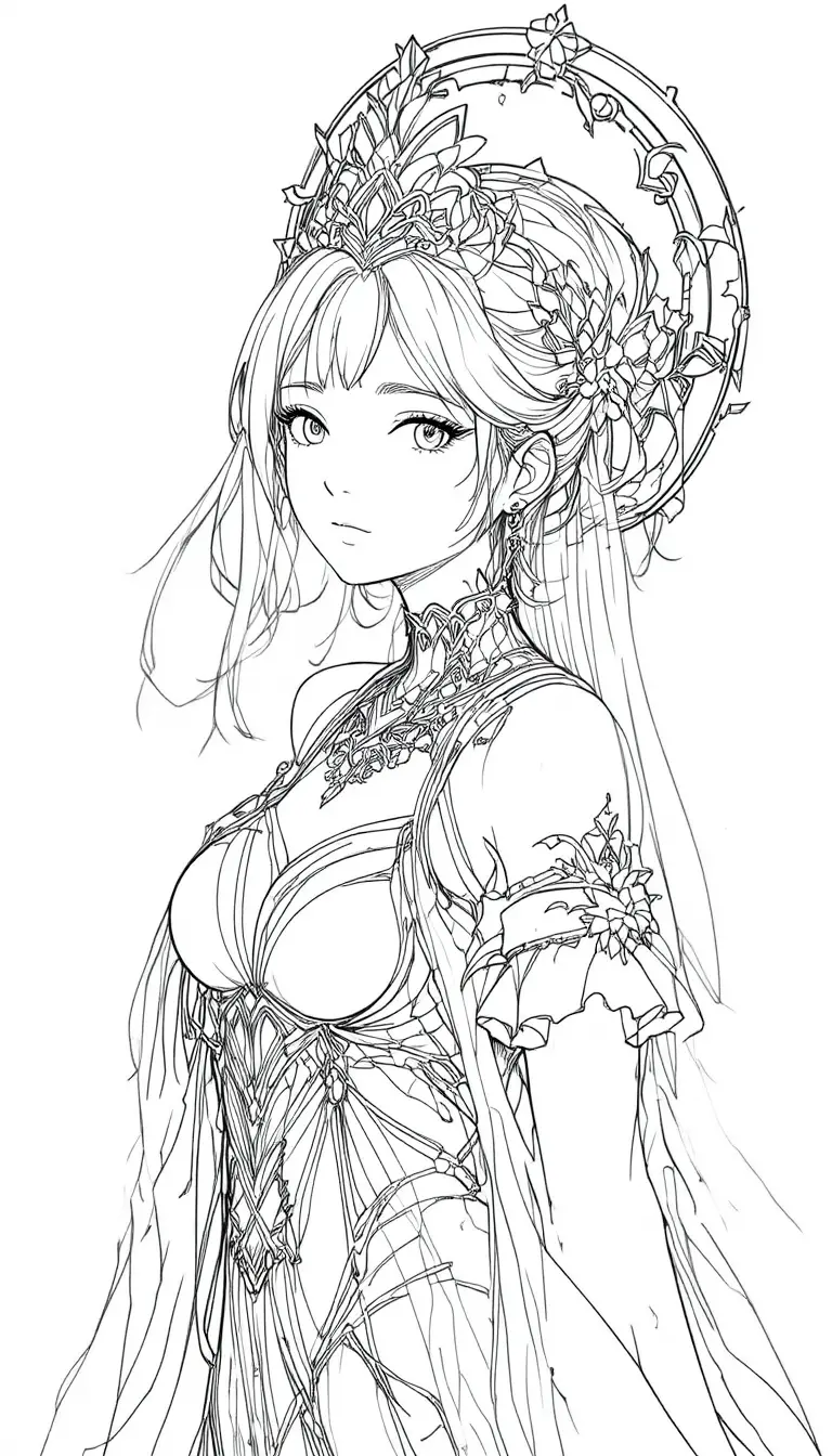 Serene Anime Woman With Halo In Detailed Line Art