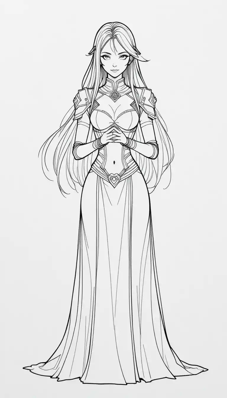 Fantasy line art woman with armor and flowing hair