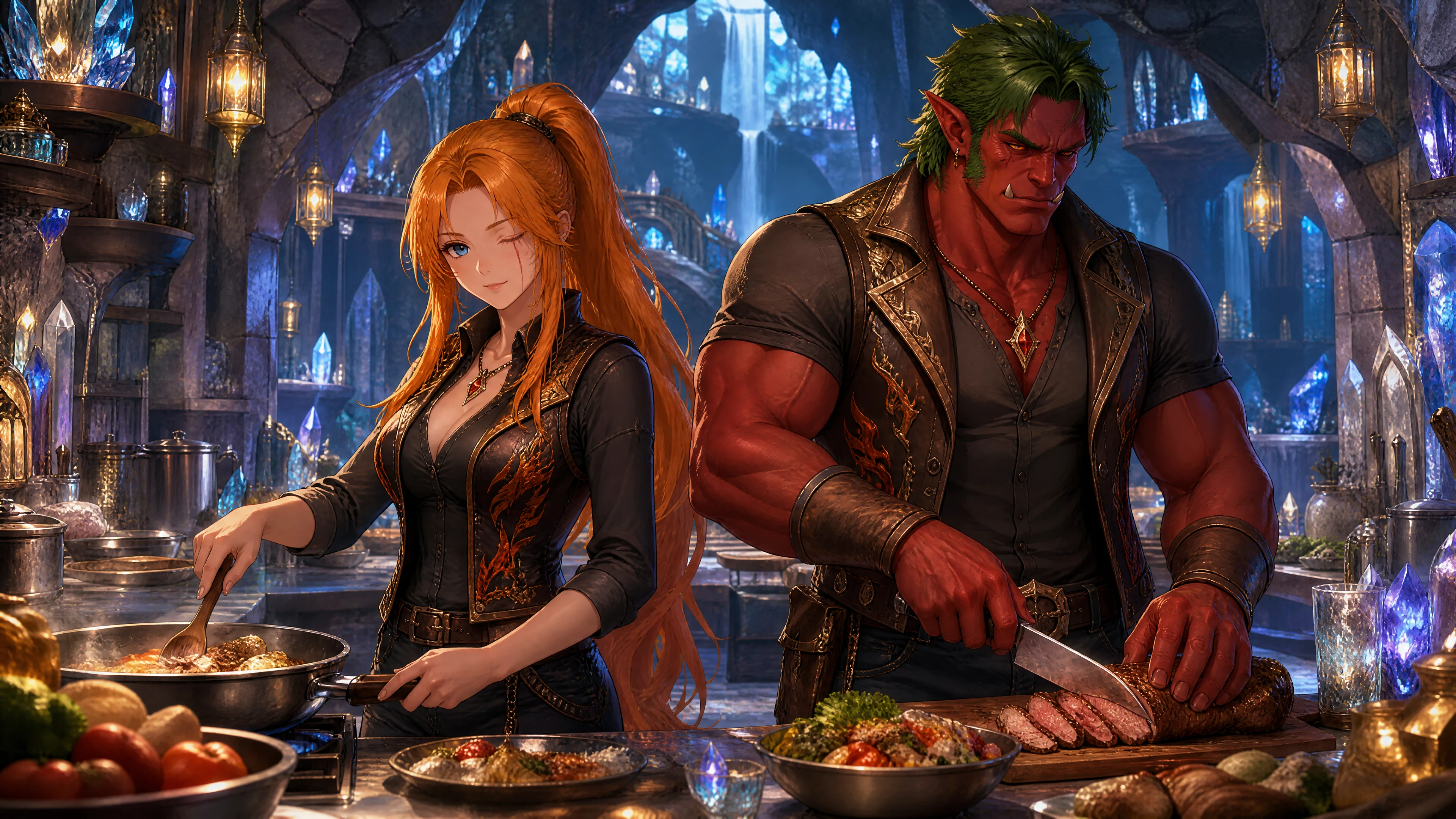 Fantasy couple cooking together in a glowing crystal cavern