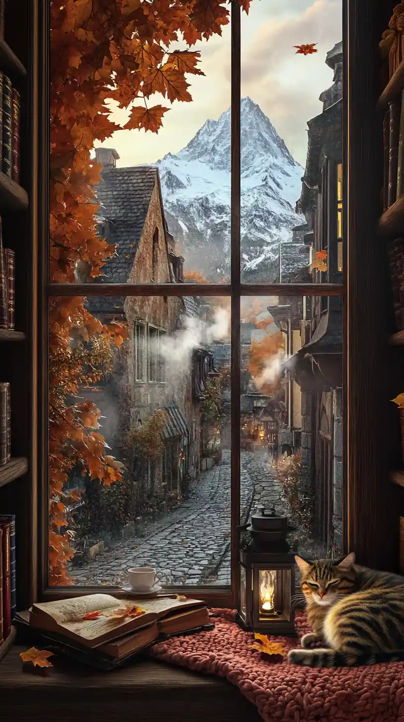 Cozy study window with sleeping cat and mountain view