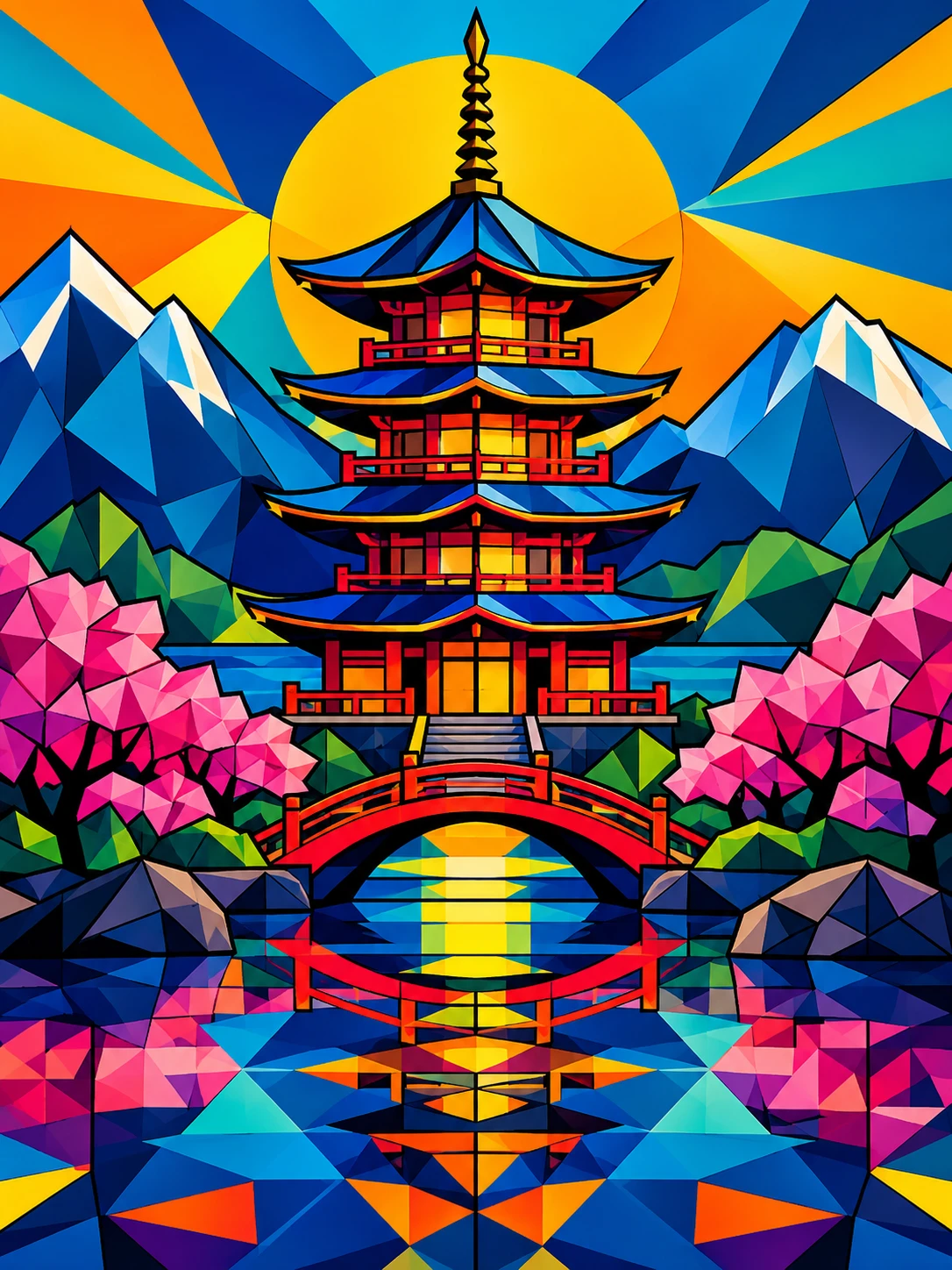 Colorful geometric pagoda in a serene abstract landscape