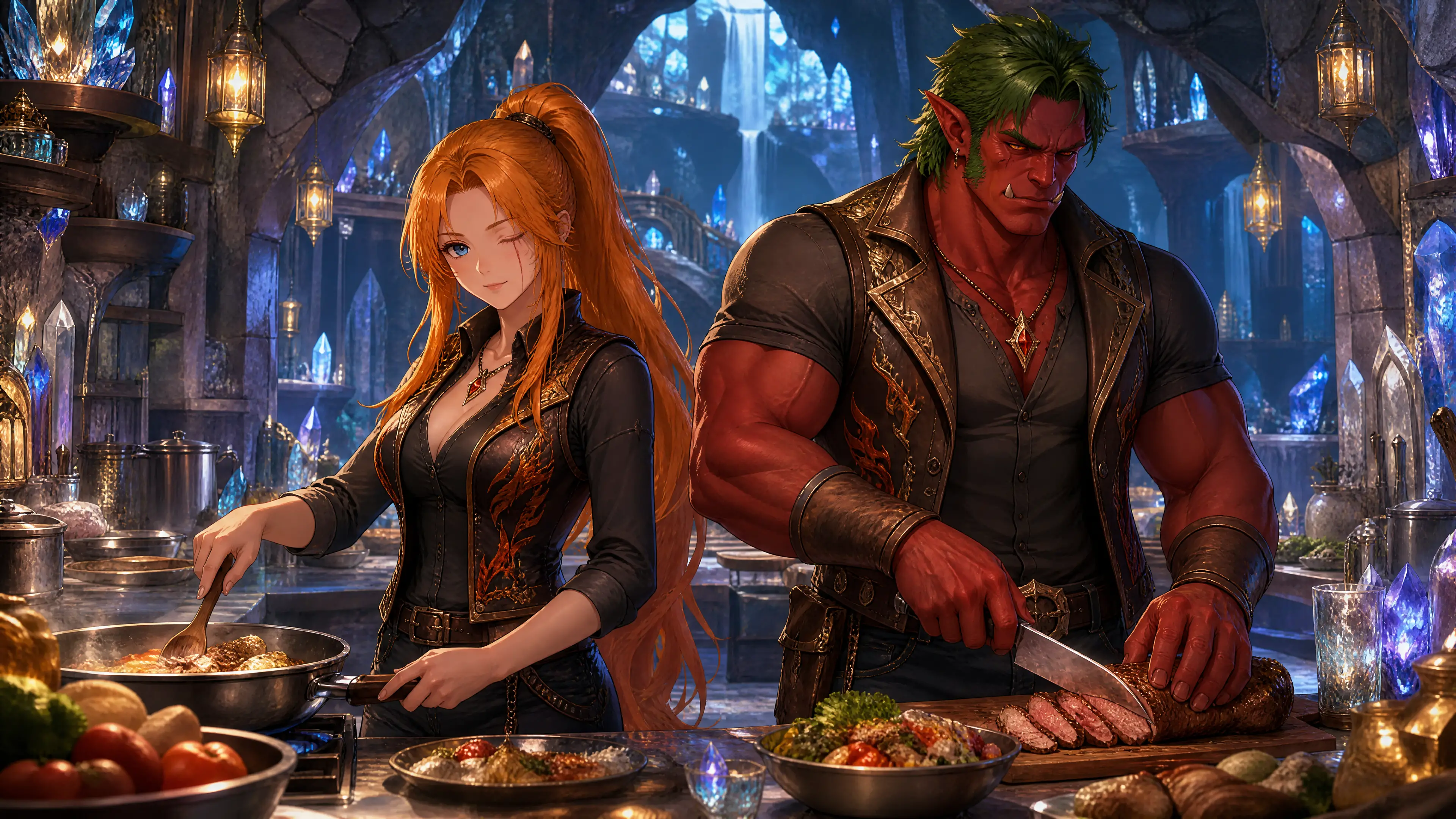 Coppia fantasy che cucina insieme in una caverna di cristalli luminosi