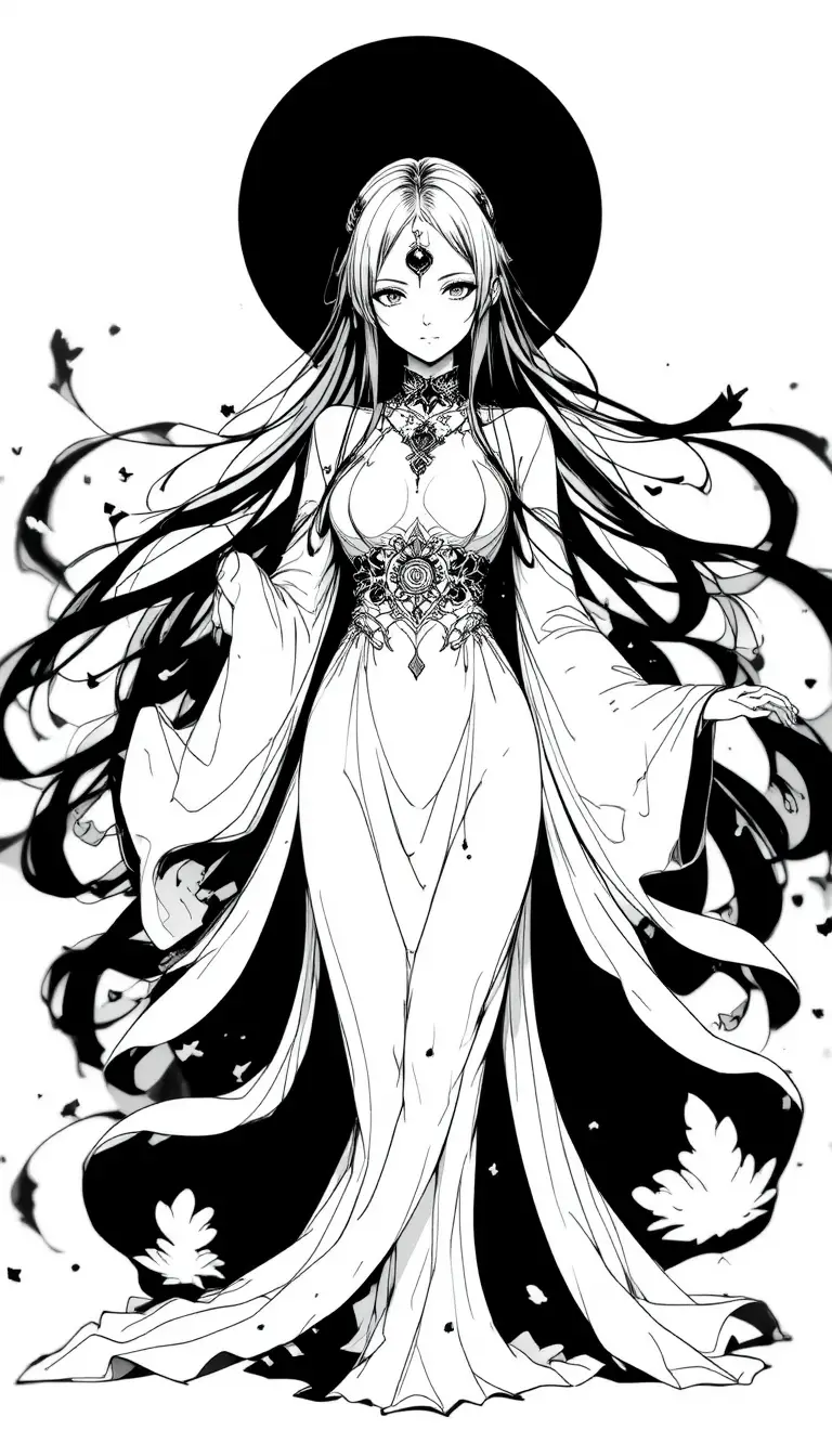 Ethereal anime woman in flowing ink robes with halo